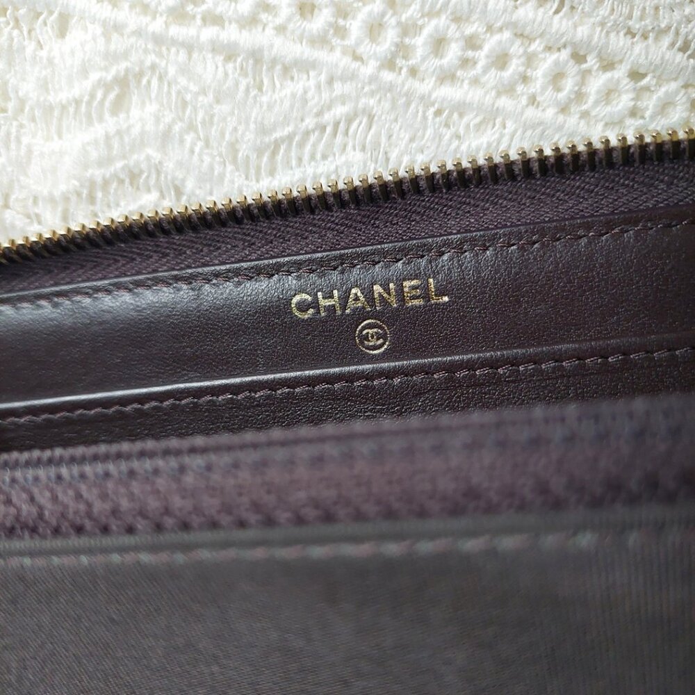 SOLD CHANEL 19 Quilted Lambskin Matelasse Long Zip Around Dark Brown Wallet - Picture 13 of 15